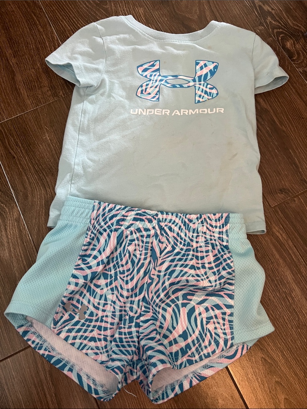 Under Armour Light Blue Tee with Blue & Pink Patterned Shorts